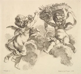 To børn, det ene holder en kurv med blomster, 1738-45.