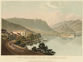 Udsigt fra Stresa af den smukke ø (Isola Bella, Lago Maggiore), før 1820 (akvarel over radering og akvatint på vævet papir)