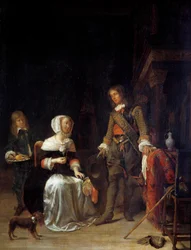 En soldat på besøg hos en ung pige Maleri af Gabriel Metsu (1629-1667) 1600-tallets søn. 0,63x0,47 m