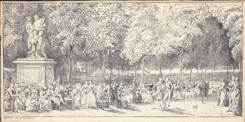 A meeting in the Tuileries Gardens around a statue, 1760dani