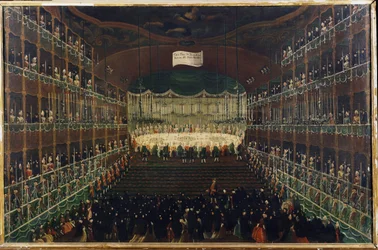 Et måltid i San Benedetto Theatre - "" Reception til ære for nordens fyrster"" Banket, der samler ambassadører. Maleri af Gabriel Bella (1730-1799) Venedig fra det 18. århundrede, Galleria Fondazione Querini Stampalia