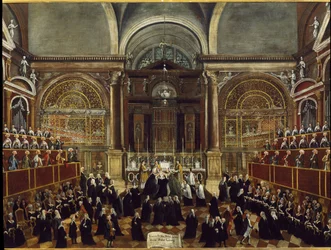 Ceremoni med at tage en nonne kjole i San Lorenzo-kirken i Venedig. Detaljemaleri af Gabriele Bella (1730-1799) 1789 Dim 94x148 cm Venedig Fondazione "" Querini Stampalia""