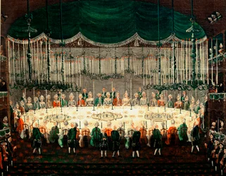 Reception til ære for prinserne af Norden Detalje, der repræsenterer ambassadørernes banket. Maleri af Gabriel Bella (1730-1799) Venedig fra det 18. århundrede, Galleria Fondazione Querini Stampalia