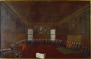 Udsigt over værelset i Kriminalkarantænen, Højesteret eller Råd for de Fyrre Maleri af Gabriele Bella (1733-1799) Venedig fra det 18. århundrede, Fondazione "" Querini Stampalia""