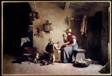 Fodring af en baby. Maleri af Gaetano Chierici (1838-1921). Olie på lærred. Privat samling.