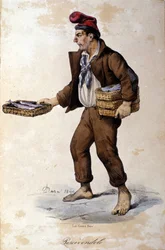 Små metier af Napoli: sælgeren af fisk (fiskehandler). Litografi af F. Dura