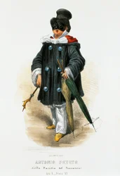 Skuespilleren Antonio Petito (1822-1876) i scenekostume i parodien Troubaduren, litografi af Gaetano Dura (1805-1874)