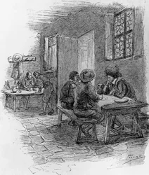 Renzo, Tonio og Gervase på kroen, kapitel VII, illustration af Gaetano Previati (1852-1920) for Trofasthed, historisk roman af Alessandro Manzoni (1785-1873)