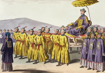 Kejser Chien Lung båret i Triumph, plade 18 fra Le Costume Ancien et Moderne af Jules Ferrario, udgivet ca. 1820