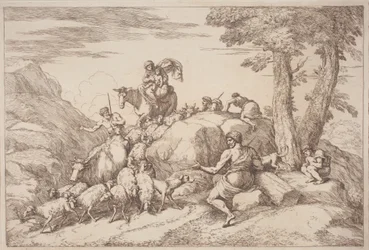 En pastoral rejse med en mor og et barn til hest og en ældre hyrde siddende