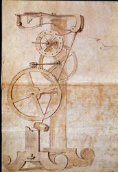 Ur med et vejependul, undersøgt af den italienske astronom og fysiker Galileo Galilei, kaldet Galilæi (1564-1642), i 1638 for at måle tiden. Tegning. Firenze, Nationalbiblioteket