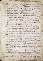 Side af "Sidereus Nuncius", hvor Galilæa navngiver de fire stjerner som Medicea Sidera eller Pianeti Medicei (Planetes mediceennes): manuskript af den italienske astronom og fysiker Galileo Galilei dit Galilee (1564-1642) skrev til Cosimo de Medicis (Cosim