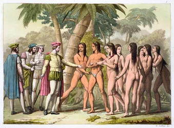 Christopher Columbus med Hernan Cortes modtog en indfødt amerikansk pige som gave, c1820-1839