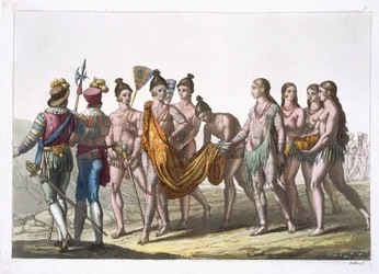 Indfødte amerikanske enker henvender sig til deres høvding for at få tilladelse til at gifte sig igen, planche 57 fra "Le Costume Ancien et Moderne" af Jules Ferrario, udgivet omkring 1820-30