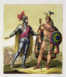 Mødet mellem Hernando Cortes (1485-1547) og Montezuma II (1466-1520), fra 
