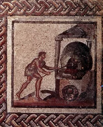 Gallo-romersk kunst: mosaikgulv med en landlig kalender. Scene med brødbagning. Slutningen af 2., begyndelsen af 3. århundrede e.Kr. Fra Saint-Romain-en-Gal (Rhône). Saint-Germain-en-Laye, Det Nationale Arkæologiske Museum