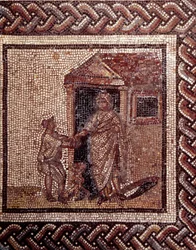 Gallo-romersk kunst: mosaikgulv med fremstilling af en landlig kalender. Festscene. Slutningen af det 2., begyndelsen af det 3. århundrede e.Kr. Fra Saint-Romain-en-Gal (Rhône). Saint-Germain-en-Laye, Det Nationale Arkæologiske Museum