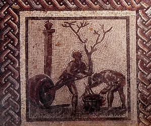 Gallo romersk kunst: mosaikbelægning, der repræsenterer en rustik kalender. Krukkepoistering scene. Slutning 2., begyndelsen af 3. århundrede efter JC. Fra Saint-Romain-en-Gal (Rhône). Saint Germain en Laye, Nationalmuseet for arkæologi
