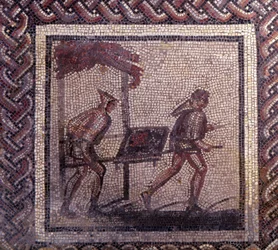 Gallo-romersk kunst: mosaikgulv med en landlig kalender. Scene med transport af gødning. Slutningen af 2., begyndelsen af 3. århundrede e.Kr. Fra Saint-Romain-en-Gal (Saint Romain en Gal, Rhône). Saint-Germain-en-Laye, Det Nationale Arkæologiske Museum