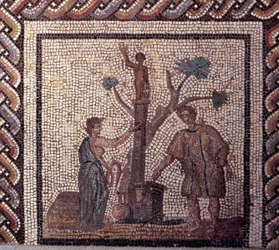 Gallo romersk kunst: mosaikbelægning, der repræsenterer en rustik kalender. Offerscene i Ceres og Apollo. Slutning 2., begyndelsen af 3. århundrede efter JC. Fra Saint-Romain-en-Gal (Rhône). Saint Germain en Laye, Nationalmuseet for arkæologi