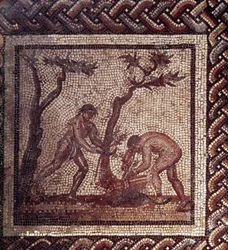 Gallo romersk kunst: mosaikbelægning, der repræsenterer en rustik kalender. Scene med stråtækning. Slutning 2., begyndelsen af 3. århundrede efter JC. Fra Saint-Romain-en-Gal (Rhône). Saint Germain en Laye, Nationalmuseet for arkæologi