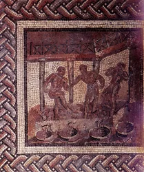 Gallo-romersk kunst: mosaikgulv med fremstilling af en landlig kalender. Scene med druetrædning i et kar. Slutningen af det 2., begyndelsen af det 3. århundrede e.Kr. Fra Saint-Romain-en-Gal (Rhône). Saint-Germain-en-Laye, Det Nationale Arkæologiske Museum