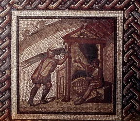 Gallo-romersk kunst: mosaikgulv med fremstilling af en landlig kalender. Vidjearbejde og kurvefletning. Slutningen af det 2., begyndelsen af det 3. århundrede e.Kr. Fra Saint-Romain-en-Gal (Rhône). Saint-Germain-en-Laye, Det Nationale Arkæologiske Museum