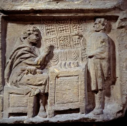 Art Gallo Romain: et bageri. En kunde køber brød hos en bager. Metz, Musee des Beaux Arts.