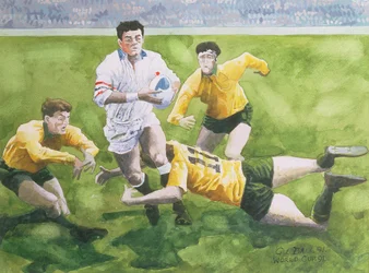 Rugbykamp: England mod Australien i VM-finalen, 1991, Will Carling bliver tacklet (wc)