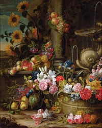 Stilleben af frugt og blomster