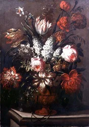 Stilleben af tulipaner, pæoner, påskeliljer og andre blomster (olie på lærred)
