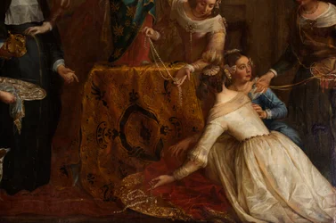 Sognekirke (Eglise Saint-Brice). Paintin "Ærkehertug Isabel af Spanien giver sine smykker til basilikum Saint-Martin af Halle". Gaspar de Crayer.