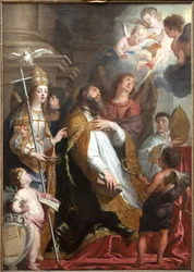 Den hellige Augustin af Hippo i ekstase. Helgenen besvimede ved synet af et vinget, brændende hjerte omgivet af engle. Til venstre Helligåndens due (Helligånden). Maleri af Gaspar de Crayer (1584-1669), flamsk kunst fra det 17. århundrede. Mål.