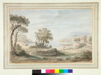 Landskab med et rundt tempel (pen og brunt blæk og farvede vaske)