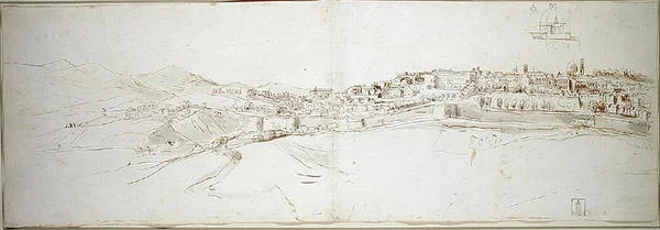 Udsigt over Urbino fra Colle di San Donato (kridt på papir)