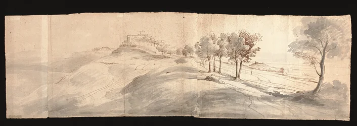 Udsigt over det romerske landskab nær Castel Gandolfo (sort kridt, pen og brunt blæk, grå vask/papir)