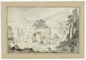 Jæger med hund, andre figurer i landskab med villa, kanal, pyramide