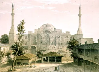 Haghia Sophia, plade 16: hovedfacade, graveret af Louis Haghe (1806-85) udgivet 1852 (litho)