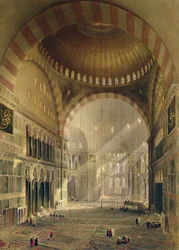Hagia Sophia, plade 24: indre af den centrale kuppel med sænkede lysekroner, indgraveret af Louis Haghe (1806-85) udgivet 1852