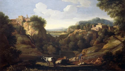 Italiensk landskab med jagtscene af Gaspard Dughet (1615-1675)