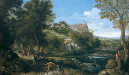 Landskab, der viser dansende faun og nymfe 1667 - 1668, af Gaspard Dughet (1615-1675)