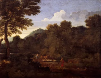 Landskab med fåreflok, af Gaspard Dughet (1615-1675), olie på lærred, 50x66 cm.
