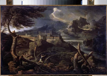 ""Paysage aux eclairs"" (Landskab med lyn) Maleri af Gaspard Dughet (1615-1675) 1670 ca. Dim. 40x62,5 cm Eremitagemuseet, Sankt Petersborg (Saint-Petersburg)