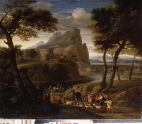 ""Landskab med en gruppe af rejsende"" (Landskab med campingvogn) Maleri af Gaspard Dughet (1615-1675) 1600-tallets statsfriluftsmuseum Palace Gatchina, Sankt Petersborg