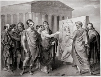 Den athenske politiker Pericles (495-429 f.Kr.) og Aspasie hans ledsager leder Phidias