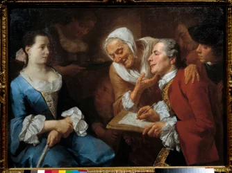 En maler og hans model, bag ham strækker en gammel kvinde nakken for at se hendes tegning. Maleri af Gaspare Traversi (1732- 1769) 1754 søn. 0,99x0,73 m