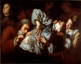 Sårene En såret mand bliver undersøgt af en læge og beroliger af en ung kvinde. Maleri af Gaspare Traversi (ca. 1722-1770). 1752 ca. Sol. 100x127 cm Galleria dell