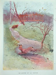 Haren og skildpadden, illustration fra fabler af Jean de la Fontaine (1621-95) begyndelsen af det 20. århundrede