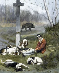 Jægeren og hans søvnige hunde - gravering af Gaston Gelebert