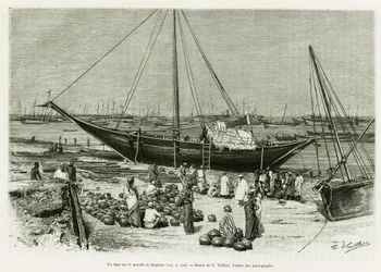 En tepe på Zanzibar-markedet (Tanzania). Gravering af G.Vuillier, for at illustrere historien Voyage among the Benadirs, Somali og Bayouns, i 1882 og 1883, af G.Revoil, i le tour du monde 1888, instrueret af Edouard Charton (1807-1890), Hachette, Paris.